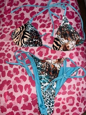 Blue Animal Print Tie-Side Bikini - Women's Swim